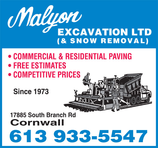 Malyon Excavation Ltd (& Snow Removal) 17885 South Branch Rd, Cornwall, ON