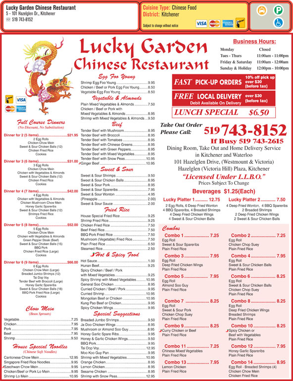 Lucky Garden Restaurants Menu, Hours & Prices 101 Hazelglen Dr